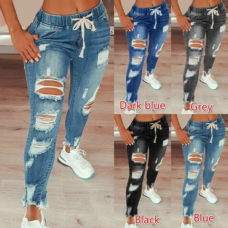 Fashion Vintage Blue Ripped Jeans Women Elastic Waist Drawstring Pencil Denim Jeans Office Lady Holes High Waist Trousers